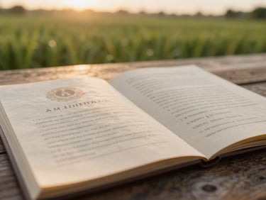 Tactile close-up of physical land title deeds and legal documents resting on a rustic wooden table, with a soft-focus background of lush green fields under golden evening light.