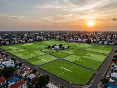 GPS-demarcated residential land plots in Chennai with clear markings and access roads under sunset sky.