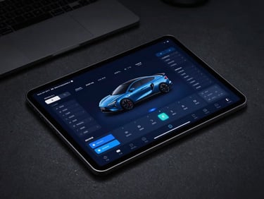 Wide angle overhead shot of a clean workspace with an Android terminal showing a sleek automotive dashboard layout, electric blue accents