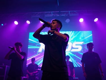 MhRaps performing rap on stage, moody concert neon backlighting, high-contrast, 35mm