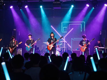 The Kira Justice rock band performing live on a neon-lit stage, crowd with glowing light sticks, 35mm