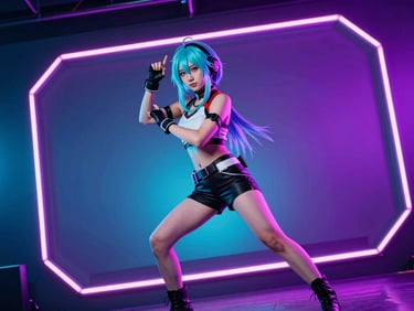 Dynamic portrait of a cosplayer in action pose, concert-style neon backlighting, electric magenta and cyan tones, professional stage photography