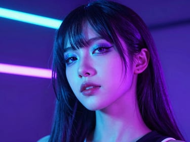 Close-up studio portrait of a female cosplayer, vibrant cyberpunk neon makeup, dramatic blue and violet lighting, high-contrast, professional photography