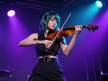 Cammy Violin performing live with an electric violin, neon cyan backlighting, high-contrast stage spots, 35mm