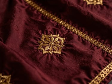 Close-up detail of hand-loomed gold embroidery on a deep maroon silk fabric, warm golden-hour lighting.