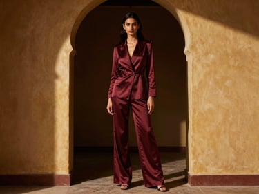 Moody editorial fashion photography of a model in a structured maroon silk co-ord set, standing in a sunlit architectural archway in Bangalore, dramatic side lighting, rich shadows.