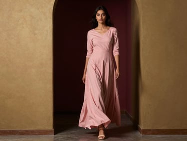 A model in a fluid blush pink modern Indian dress walking through a minimalist Bangalore studio corridor.