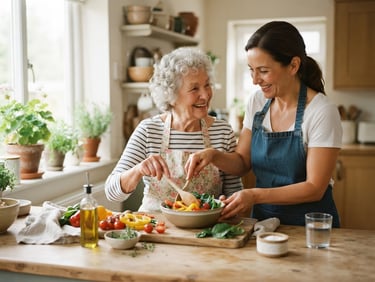 A bright, clean home environment with soft natural window light. A caregiver and a senior woman happily preparing a light meal together at a wooden kitchen counter, focusing on shared interaction and gentle hands-on assistance.