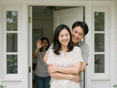 A family member smiling with relief as she steps out of a bright, welcoming front door, with a caregiver visible inside waving warmly.