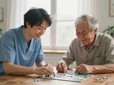 A caregiver and an older gentleman sitting at a wooden table, smiling while solving a jigsaw puzzle together under soft morning light.