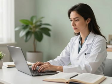 Mãos de Dra. Alice Breda de Jesus digitando em um laptop em uma mesa de home office organizada, com livros médicos e uma planta ao fundo. Luz natural suave, transmitindo calma e profissionalismo.