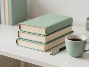 Pilha de livros médicos abertos em uma mesa de madeira clara, com uma caneta e um copo de chá. O ambiente é iluminado por luz natural suave, transmitindo estudo e dedicação.