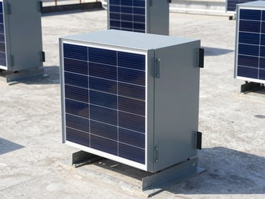 Close-up of industrial-grade heavy-duty solar inverters and robust mounting structures on a concrete factory roof, direct high-contrast sunlight