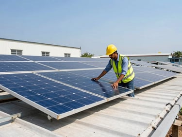 An engineer inspecting solar panels on a textile mill roof in Kanpur, bright sunlight, sharp focus