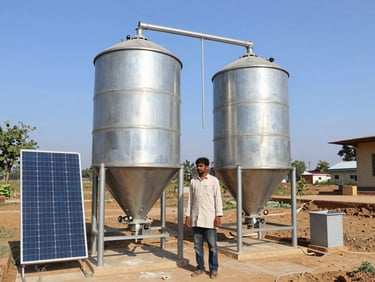 A rural Indian entrepreneur operating a flour mill powered by solar energy, bright direct sunlight, crisp industrial style