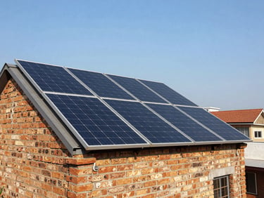 A neat residential solar installation on a brick rooftop in Uttar Pradesh, bright clear sky, high-contrast shadows