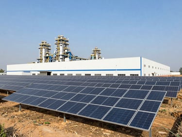 Wide environmental shot of a large manufacturing plant in Noida with extensive solar panel arrays under bright daylight
