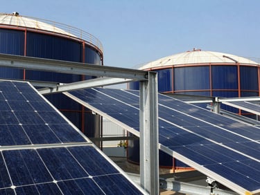 Close-up of industrial solar mounting structures on a cold storage facility in Lucknow, high-contrast direct sunlight
