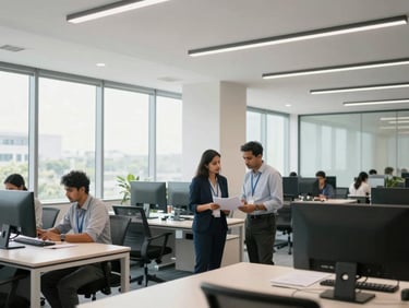Wide shot of a modern, bright collaborative workspace in Bengaluru with large windows, clean architectural lines, professional legal experts discussing documents