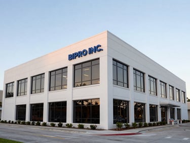 Exterior shot of BIPRO INC. office building in Oviedo, Florida, at dusk, clean modern architecture, wide angle, bright natural daylight