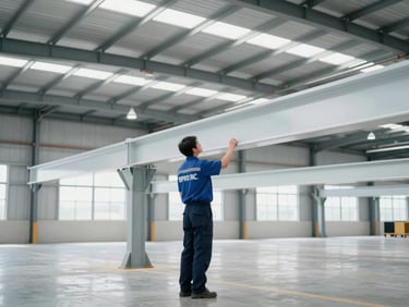 BIPRO INC. technician in uniform inspecting a structural beam inside a commercial warehouse, wide environmental shot with clean, cool-toned indoor utility lighting.