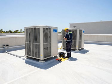 Wide-angle shot of a BIPRO INC. technician in uniform working on a large commercial rooftop HVAC unit under bright Florida daylight, tools laid out neatly.