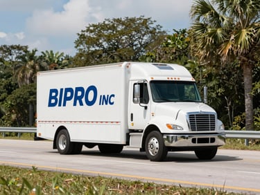 Branded BIPRO INC. service truck driving on a highway in Central Florida, bright natural Florida daylight, wide-angle lens