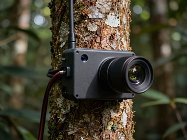 Macro shot of rugged telemetry hardware strapped to a native tree trunk in the Colombian jungle, visible wiring and sensor lens, dappled sunlight.