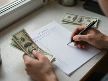 Close-up overhead shot of hands sorting paper bills and a handwritten budget sheet on a worn kitchen table, overcast window light from the left, a pen mid-use resting across the paper