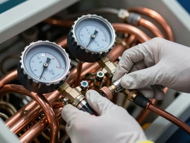 Extreme close-up of a technician's hands in clean branded gloves connecting copper refrigeration lines using professional digital manifold gauges. Crisp utility lighting, sharp focus on the technical equipment.