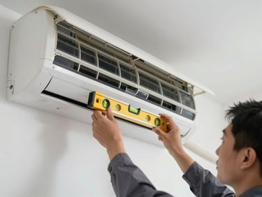 Close-up of a technician using a precise spirit level against a clean white wall to align an indoor air conditioner unit perfectly, architectural framing.