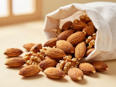 Macro overhead shot of whole unblemished almonds and walnuts spilling out of a minimalist linen bag on a warm cream surface, soft golden side-light