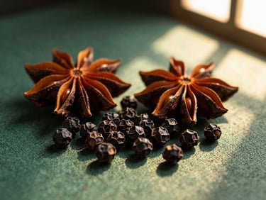 Macro shot of raw black peppercorns and star anise on deep green textured linen, warm directional light