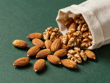 Overhead flat-lay of whole unblemished almonds and walnuts spilling out of a minimalist linen bag, warm side-light