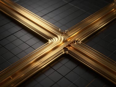 Abstract golden data streams flowing through a dark metallic grid, dramatic low-key studio lighting, premium 3D render