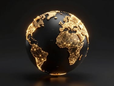 Sleek 3D isometric global network globe with glowing gold data lines on a matte black background, premium octane render style