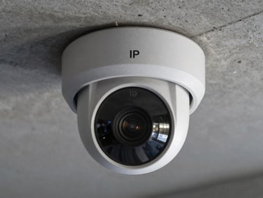 Close-up of a high-resolution IP security camera dome mounted on a concrete ceiling, cool LED lighting casting sharp shadows on the housing, technical precision visible in the lens and housing detail