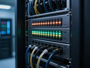Close-up of a server rack interface panel with blinking status LEDs, dark enclosure with precise cable management, cool blue ambient lighting from the data hall behind