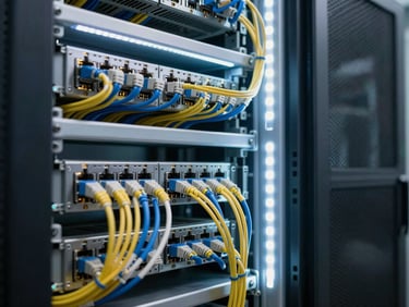 Close-up of structured server rack installation in a hospital data center, neatly routed ethernet and fiber cables, cool white LED strip lighting, no people, technical documentary framing