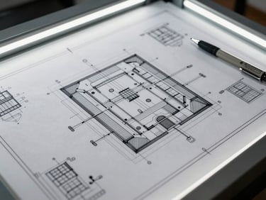 Engineering blueprint spread on a light table, precise technical line drawings of building infrastructure systems visible, a technical pen resting at the edge, high-contrast overhead lighting