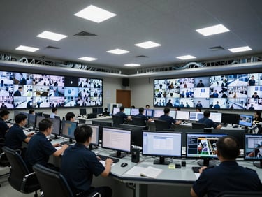 Wide-angle interior of a government ministry security control room, banks of monitors displaying surveillance feeds, cool LED overhead lighting, cabling trays overhead, no personnel, documentary framing
