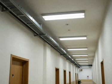 Government ministry building corridor, overhead network cabling trays installed above a clean institutional hallway, fluorescent practical lighting, no people, tight architectural perspective