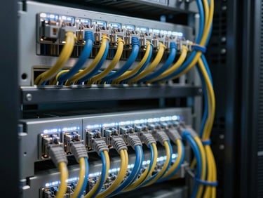 Tight close-up of structured cabling runs in a data centre rack, colour-coded ethernet cables precisely managed with cable ties, cool white LED lighting illuminating the hardware