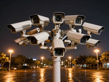 Wide-angle overhead view of a surveillance camera array covering an open plaza at night, amber streetlights reflecting off wet pavement below, camera housings precise against dark sky