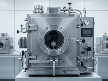 Orthographic technical shot of a stainless steel high-temperature testing chamber, cool clinical laboratory lighting, sharp high-contrast shadows, cold metallic steel tones.