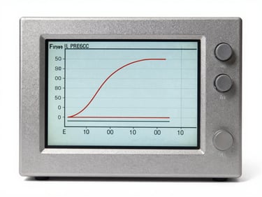 Straight-on technical shot of a digital PLC controller displaying temperature ramp curves, sharp high-contrast shadows.