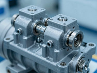 Macro close-up of a dual-stage refrigeration compressor valve, cold steel surfaces, clinical blue-toned light.