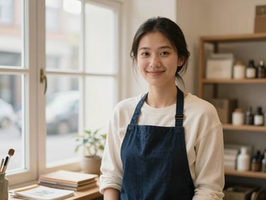 Warm editorial portrait of a local business owner in their shop, soft natural window light, shallow depth of field, 35mm.