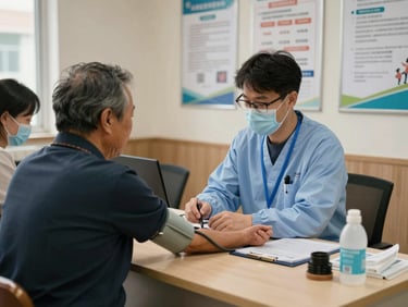 A community health screening station in a neighborhood center, a volunteer checking blood pressure for a middle-aged participant, warm indoor light, informational posters on the wall behind them
