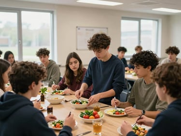 Teenagers gathered around a table at a youth health workshop in a community center, one young person demonstrating a healthy meal prep activity, natural light from nearby windows, engaged expressions